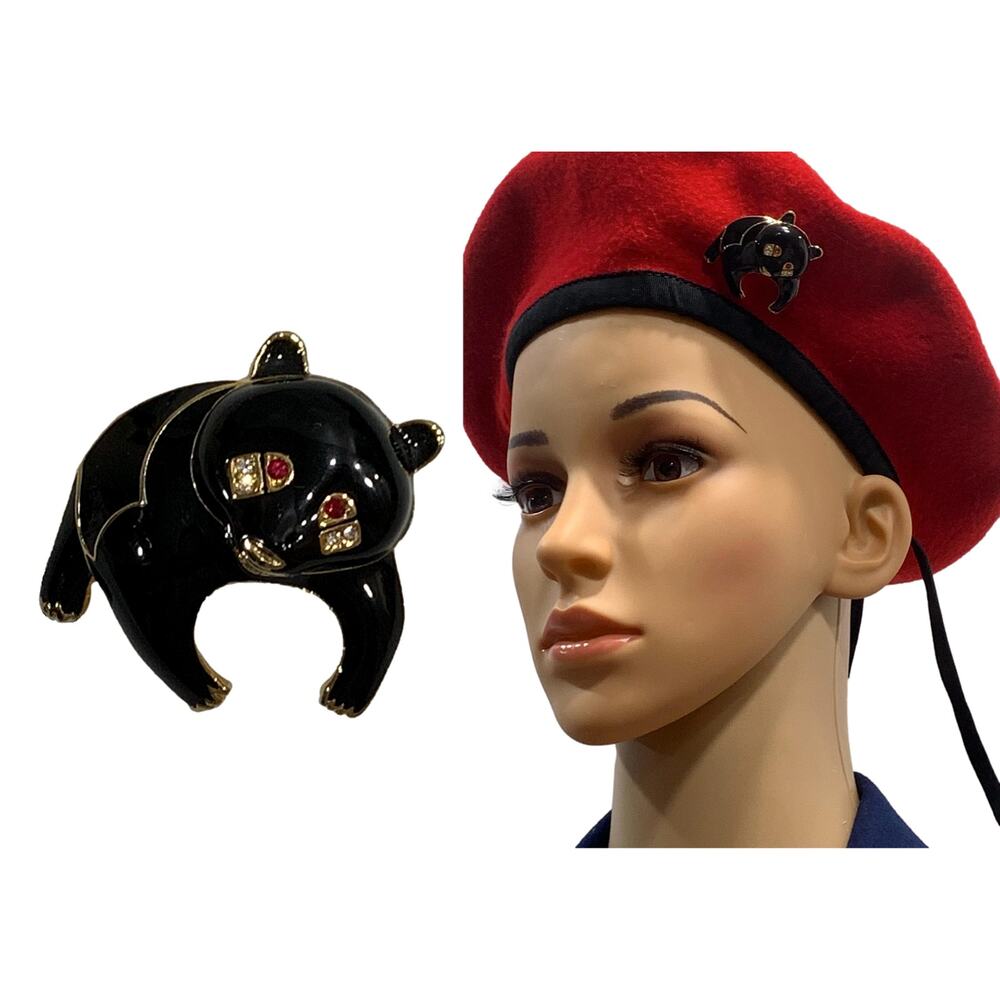 Vintage Black & Gold Enamel Bear Brooch w Rhinestones